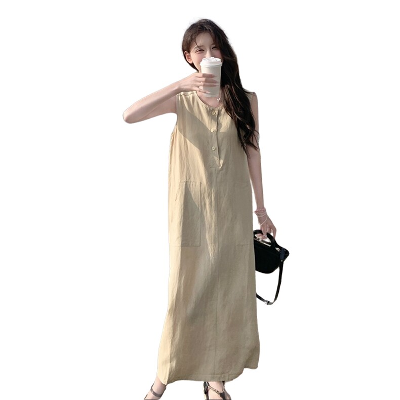 现货，无袖套头中长款麻类浅黄色连衣裙1C042-P150-K220,女装连衣裙,安在秀