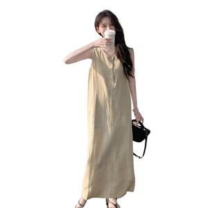 现货，无袖套头中长款麻类浅黄色连衣裙1C042-P150-K220图片
