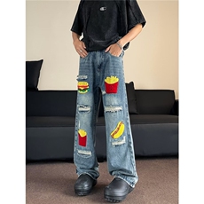 复古汉堡薯条植绒刺绣水洗牛仔裤男女宽松直筒显瘦长裤N0055，男装牛仔裤，星座1116A（原606A-3）