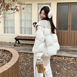 针织拼接短款羽绒服女冬新款设计感减龄巨好看新90保暖白鸭绒外套图片