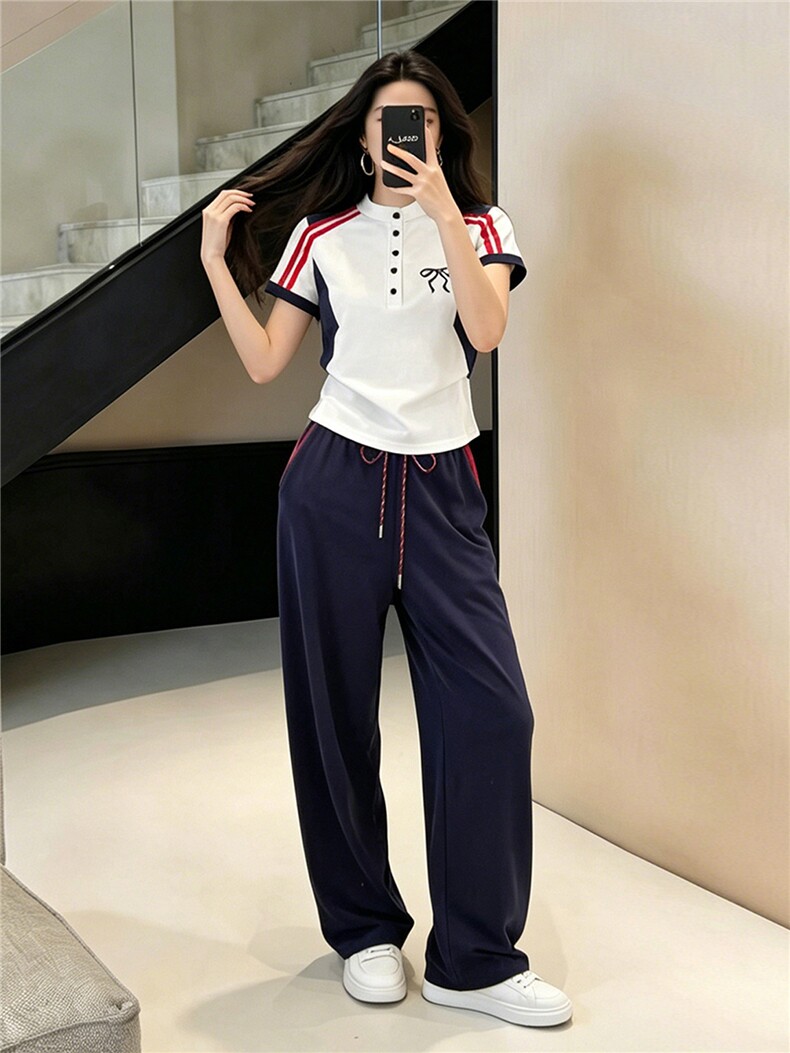 轻奢洋气时尚套装女夏新款条纹拼接半开领短袖上衣阔腿长裤两件套,女装套装/套裙,江南