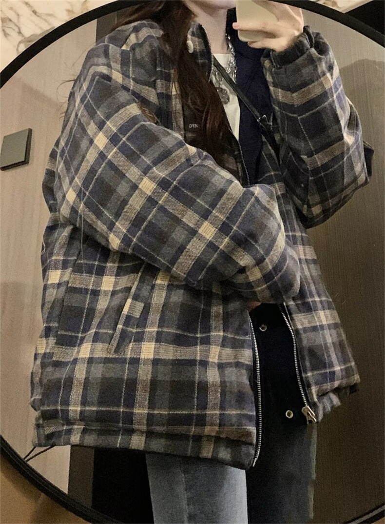 格子双面穿棉衣外套女冬季新款宽松bf美式复古面包服潮MY08-p105,男装棉衣,星座1008