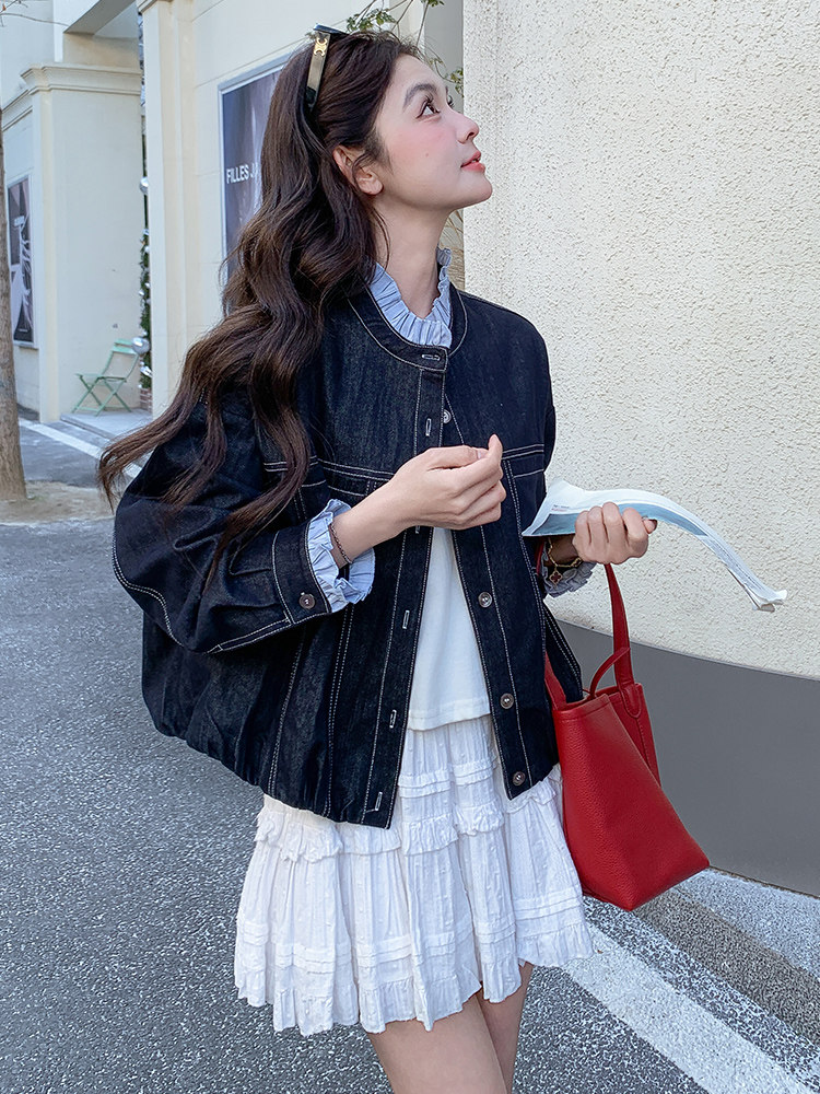 2026新款拼接花边牛仔外套,女装短外套,纯色衣恋
