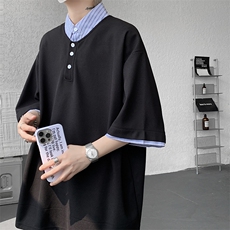 8XL-M假两件衬衫领短袖T恤大码夏季条纹拼接polo衫半袖DX1211/P45，男装T恤，电商B238