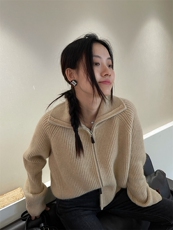 元宝针宽松加厚高领山羊绒开衫秋冬新款针织衫女宽松拉链毛衣外套，女装羊毛衫，若菲羊绒