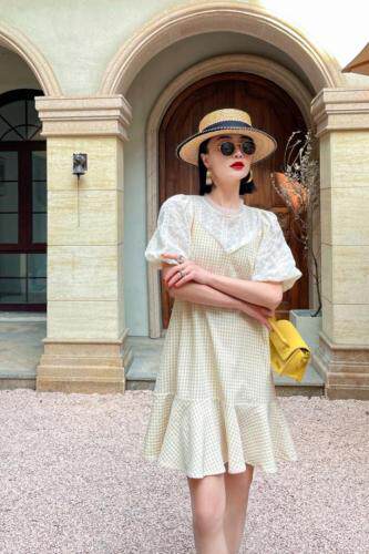 网纱拼格子连衣裙，女装连衣裙，艾梵煕尔