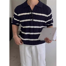夏季白色翻领Polo衫条纹日系针织衫男短袖上衣T恤衫宽松TB283，男装Polo衫，星座1116A-2（原606A-1）