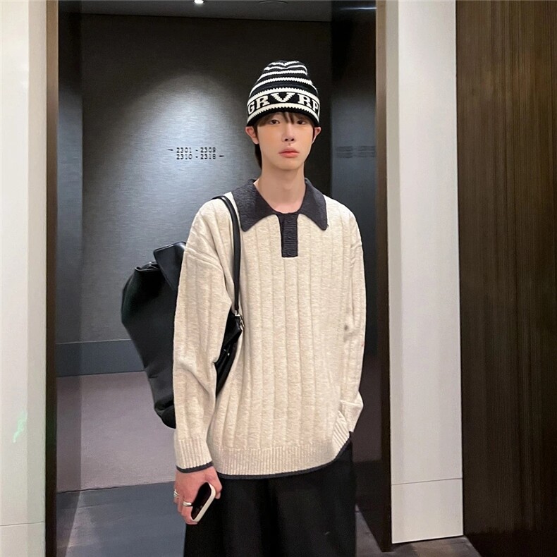 203-6F2543P58复古拼接撞色长袖针织Polo领男宽松撞色毛衣，男装针织衫/毛衣，星座203-6(原电商259)