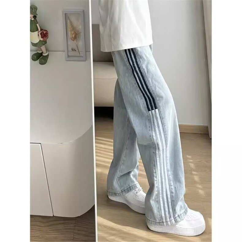 美式高街条纹牛仔裤男女春秋设计感休闲直筒阔腿长裤潮LA0788-P45,男装牛仔裤,星座1008