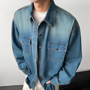 美式复古水洗渐变莱赛尔长袖牛仔衬衫男2025春季宽松翻领衬衣外套图片