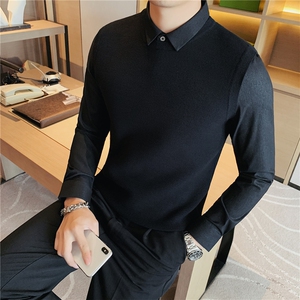 秋冬厚款假两件纯色衬衫领针织背心套头毛衣男潮灰色M8351-P88图片