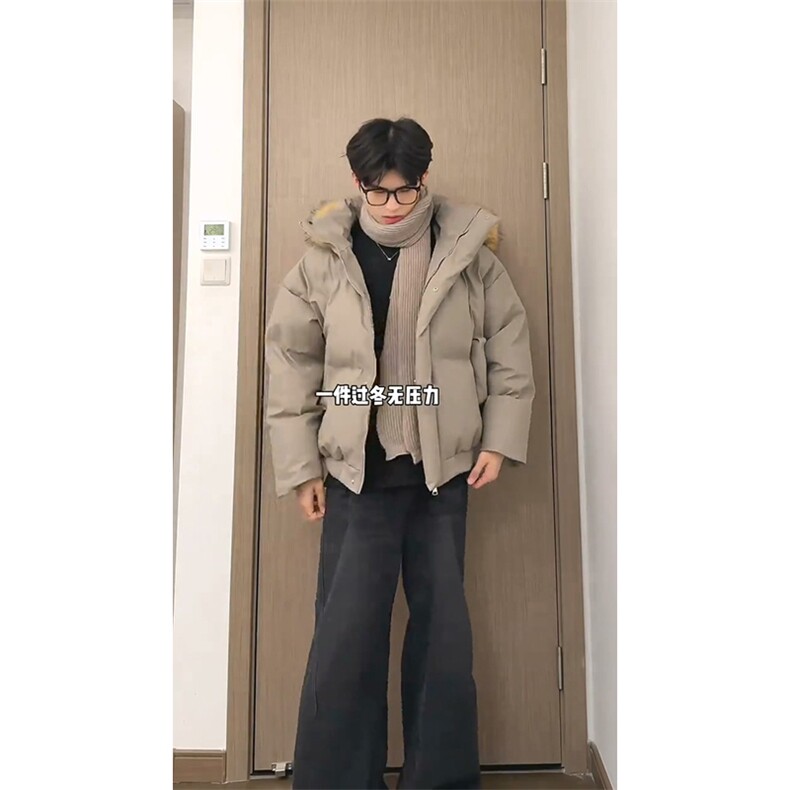 现货三防重磅硬挺boxy短款羽绒棉衣座山雕大毛毛领PU皮棉服外套冬,男装棉衣,电商A486-1