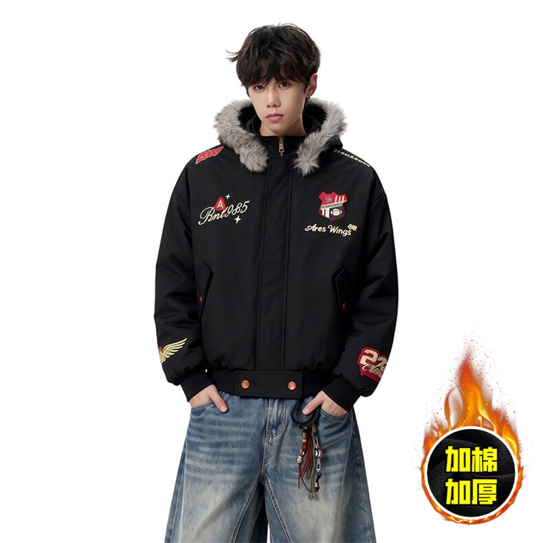 现货高品质美式高街重磅刺绣座山雕大毛毛领棉衣男女加厚棉服外套，男装棉衣，电商A486