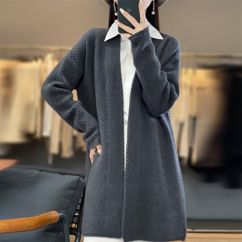 秋冬新款羊毛开衫女V领纯色宽松百搭长袖羊绒针织毛衣外套,女装羊毛衫,暖娇绒