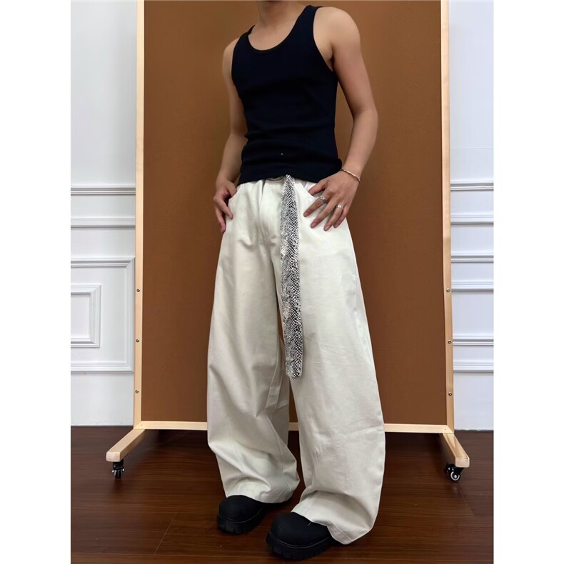 新款腰带解构高街弯刀牛仔裤男女宽松直筒休闲阔腿裤LN13244-P56,男装牛仔裤,星座1008