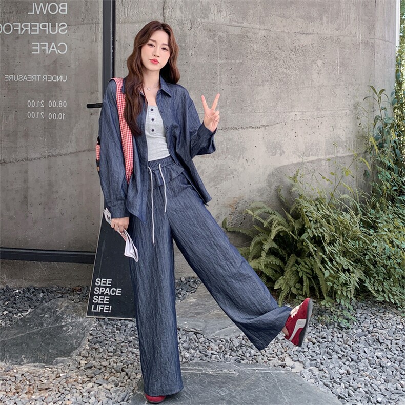 高级小众穿搭韩系chic蓝色衬衫套装女初春秋超火好看阔腿裤三件套,女装套装/套裙,2C056