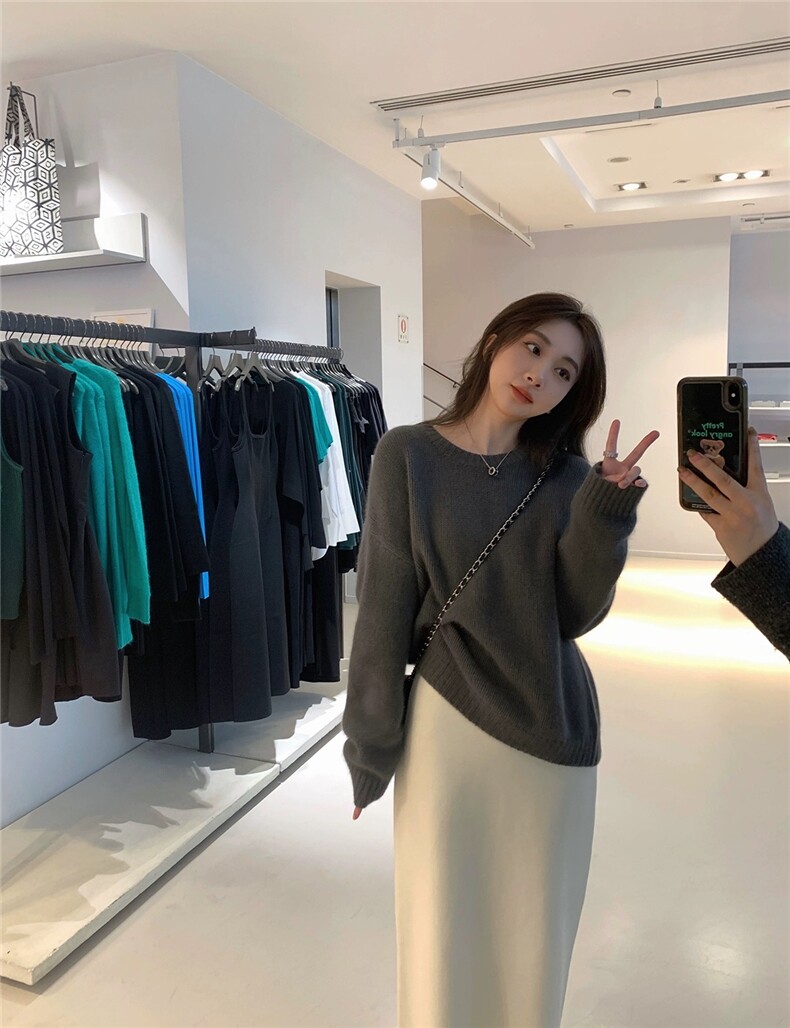 毛衣女新款2024秋冬套头纯色宽松慵懒针织上衣,女装羊毛衫,恩泰羊绒