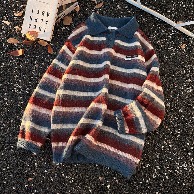 美式条纹polo领毛衣男女秋冬宽松慵懒风针织衫上衣潮MY09823-P60,男装针织衫/毛衣,星座308B-2