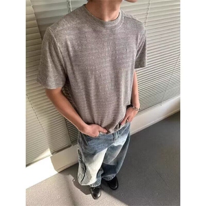 夏季静奢肌理混纺提花短袖t恤男黑色高级感痞帅修身圆领半袖男女图片