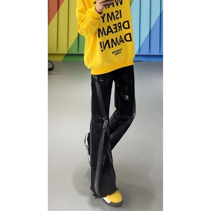 美式eodup高街hiphop小从涂鸦脏脏毛边喇叭牛仔裤货号K2409P65图片