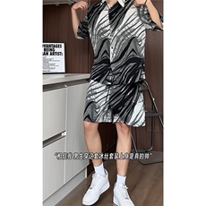 冰丝水墨短裤男短袖衬衫男套装男M-5XL大码TZ78713P50控98模特图，男装牛仔裤，星座226-1