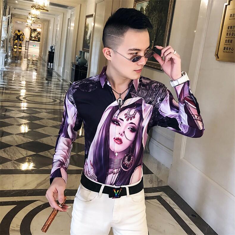 2021春秋衬衫社会男长袖上衣印花男装韩版修身四季潮流衬衣Q624-P55图片