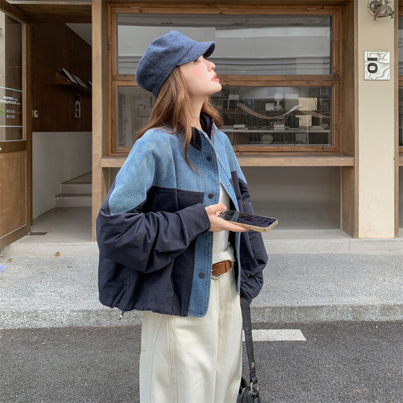 撞蓝色复古拼接牛仔外套2025新款女秋季韩系chic立领短款夹克上衣,女装短外套,1C071-1