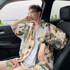 2025休闲水墨画冰丝凉感短袖五分袖衬衫薄套装TZ5678/特P50卡其，男装休闲套装，电商A094
