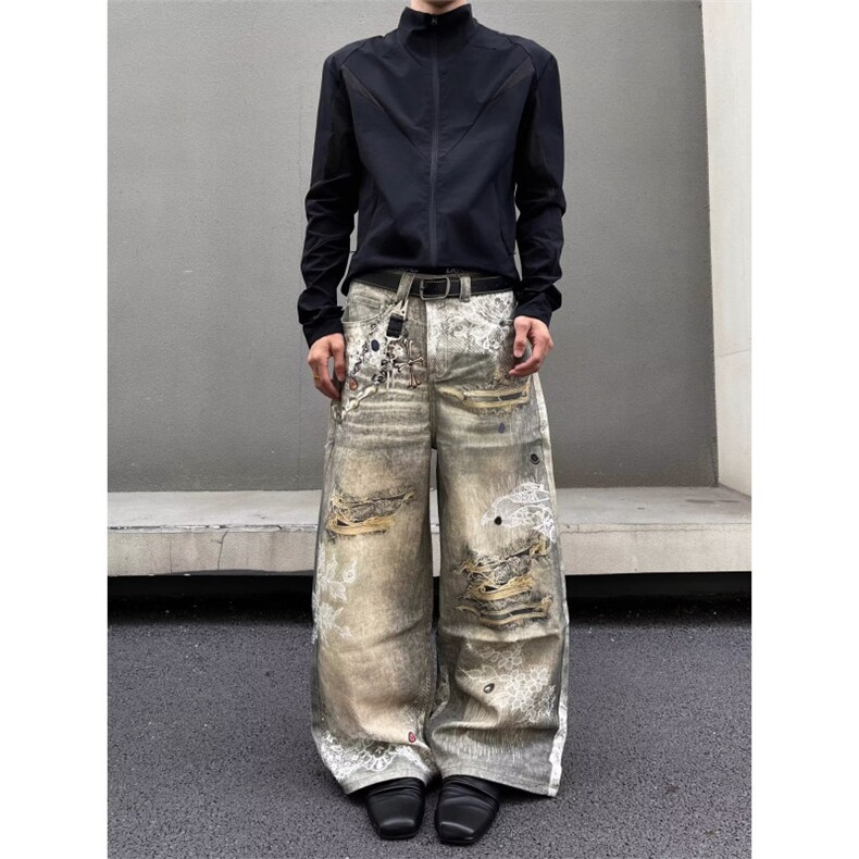 2025美式重工新款十字架印花牛仔裤女秋设计感阔腿长裤RK3044-P55图片