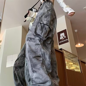 2024美式复古高街扎染秋季新款工装裤女设计感迷彩直筒阔腿春图片