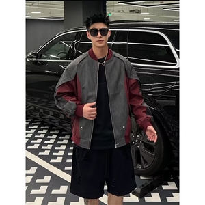 美式小众解构拼接皮衣外套男流街头撞色棒球服夹克上衣W6425-P79图片