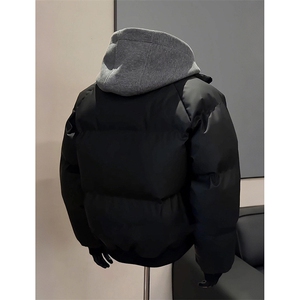 现货高品质重磅工艺美式高街假两件PU皮棉衣男女加厚棉服外套图片