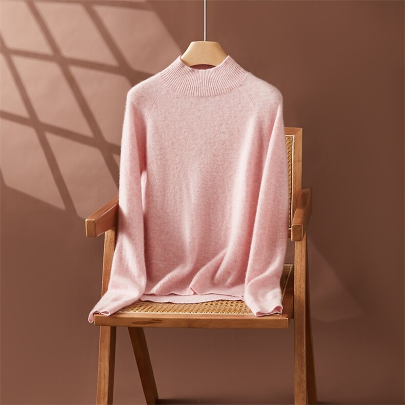 秋新款半高领单排扣针织打底衫女修身显瘦长袖35%羊绒衫，女装羊绒衫，朵沐纯羊绒