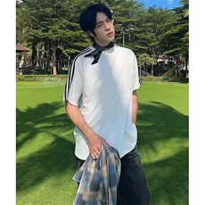 抖音得物高品质二开240克宽松纯棉美式潮牌三条杠织带短袖T恤，男装T恤，电商A486-1