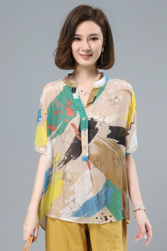 2021夏季新款时尚休闲镶钻印花宽松衬衫,女装衬衫,叶笙衣