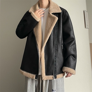 翻领皮衣加绒加厚男女冬季宽松休闲外套D012-P125图片