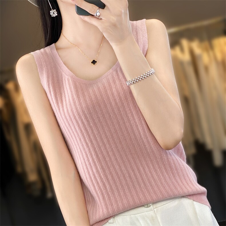 一线U领吊带简约2024年夏季气质百搭针织上衣，女装背心吊带，羿纯羊绒