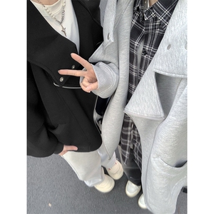 抖音得物品质26春装美式重磅结构斜拉链高领连帽卫衣开衫外套W61