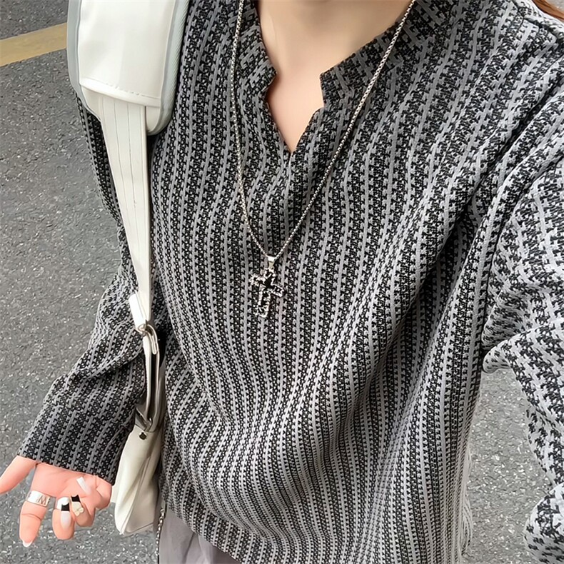 美式高街千鸟格子长袖T恤男女亨利V领英伦雅痞休闲宽松长袖打底衫,男装T恤,电商A486