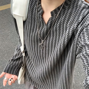 美式高街千鸟格子长袖T恤男女亨利V领英伦雅痞休闲宽松长袖打底衫图片