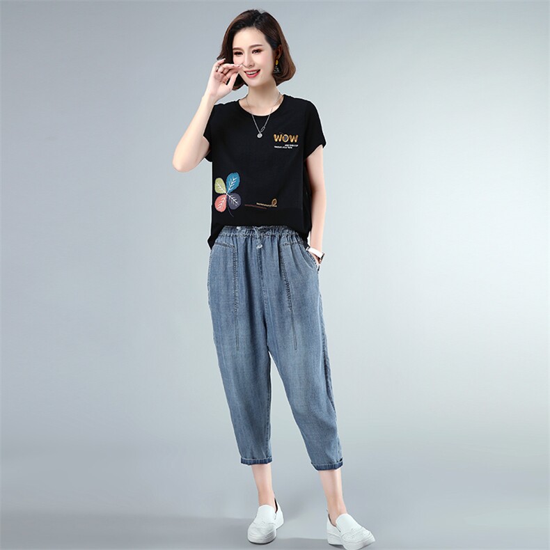 套装/套裙2021年夏季时尚圆领纯色牛仔裤插袋两件套,女装套装/套裙,独衣靓