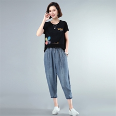 套装/套裙2021年夏季时尚圆领纯色牛仔裤插袋两件套，女装套装/套裙，独衣靓