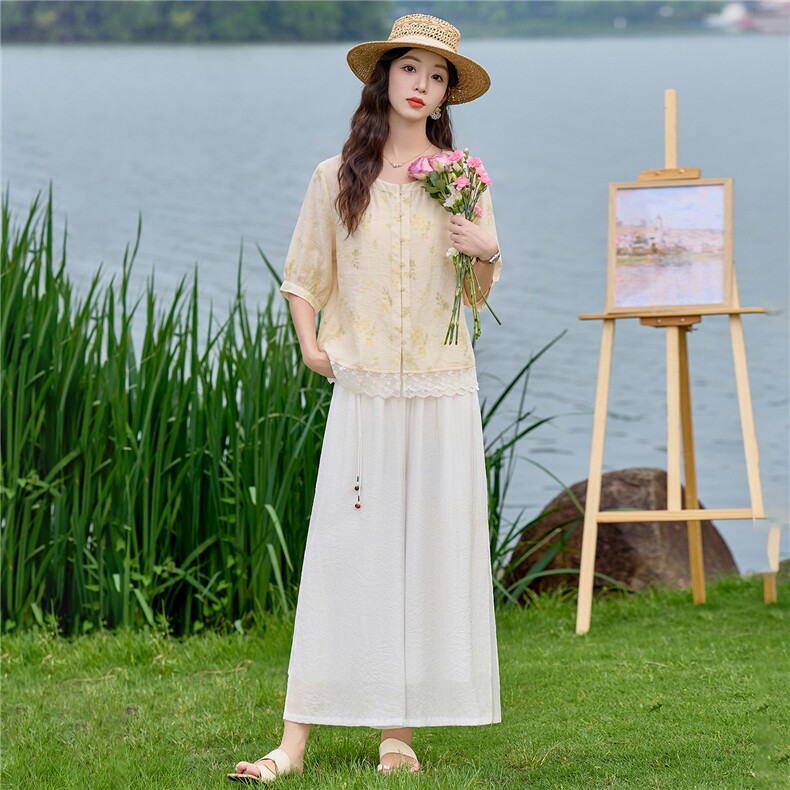 2026年夏季时尚优雅印花小衫阔腿裤套装两件套女,女装套装/套裙,依路服饰