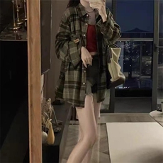 绿色格子衬衫女春秋字母刺绣休闲衬衣防晒外套美式学院风上衣，男装防晒衣，星座506A