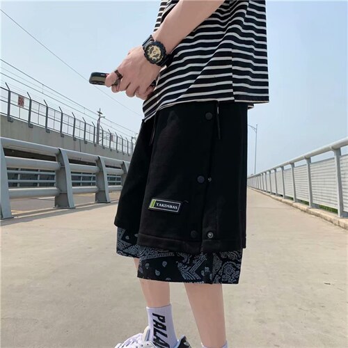 腰果花假两件排扣短裤男夏季潮牌高街宽松五分裤潮流中裤DK02-P28，男装休闲裤，星座1008