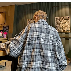 春秋季新款美式格子长袖衬衫男士潮流情侣防晒宽松痞帅衬衣外套，男装防晒衣，星座1210-1