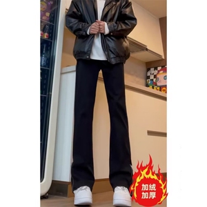 美式微喇牛仔裤加绒直筒裤子高街vibe开叉拉链长裤K8001-P46网图图片