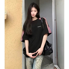 抖音得物品质二开240克宽松纯棉美式潮牌印花三条杠中性风短袖T恤，男装T恤，电商A486