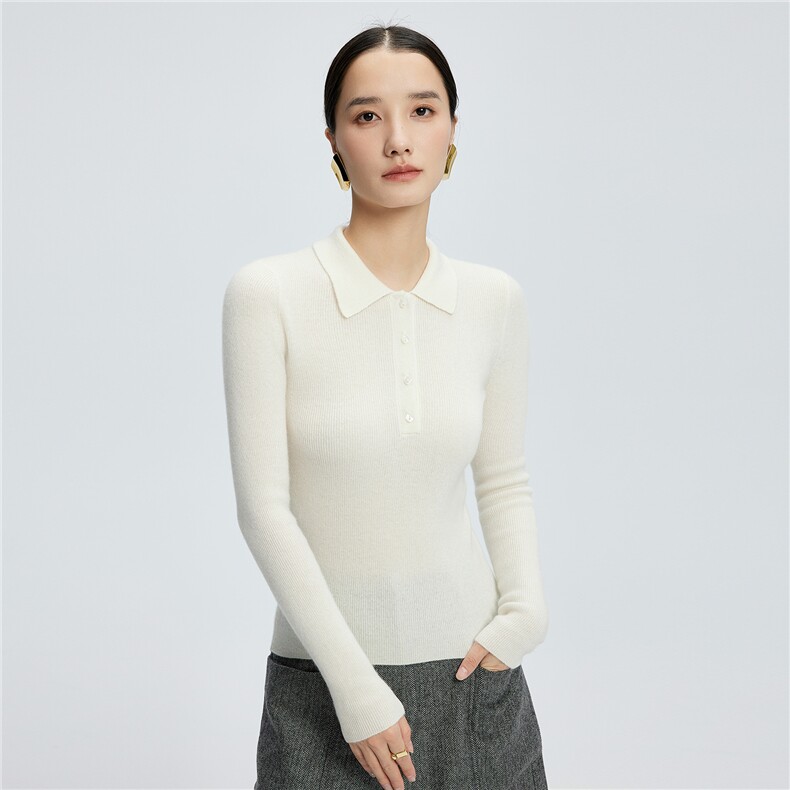 2025舒适百搭秋冬新款polo纽扣长袖打底修身,女装羊绒衫,玛卡隆羊绒