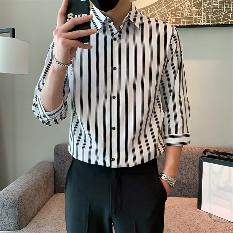 春季潮流青春流行男衬衫文艺标准百搭条纹简约七分袖CS156-8图片